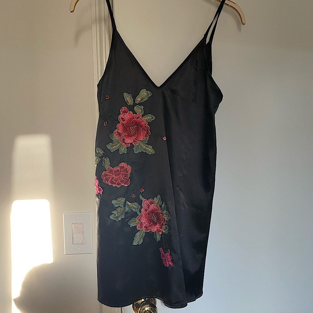 Black Floral Appliqué  Slip Dress